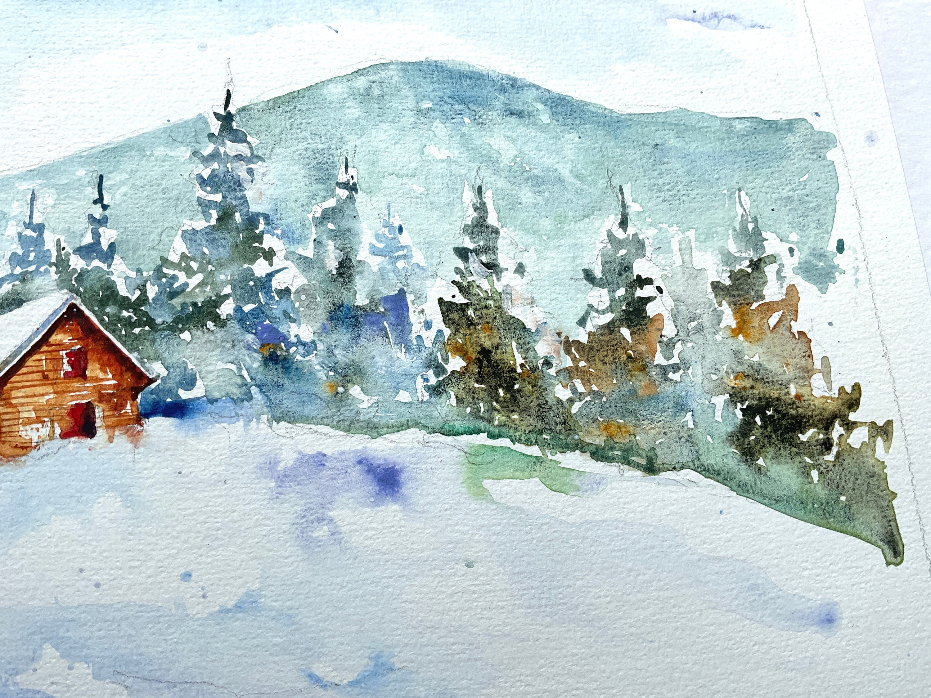 絵画 Winter Mountains Blue Snowy Mountains, Watercolor Landscape - Canvas Wall Art