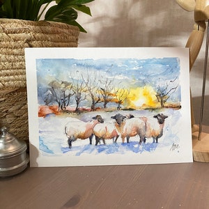 Peinture aquarelle de moutons, paysage de troupeau dans la campagne, peinture originale de moutons dans les prés au couchant, art mural image 8