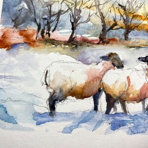 Peinture aquarelle de moutons, paysage de troupeau dans la campagne, peinture originale de moutons dans les prés au couchant, art mural image 3