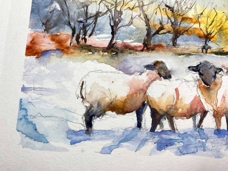 Peinture aquarelle de moutons, paysage de troupeau dans la campagne, peinture originale de moutons dans les prés au couchant, art mural image 3