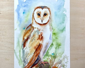 Owl painting, original watercolor, owl artwork, owl decor, owl wall art, owl drawing, raptor bird illustration