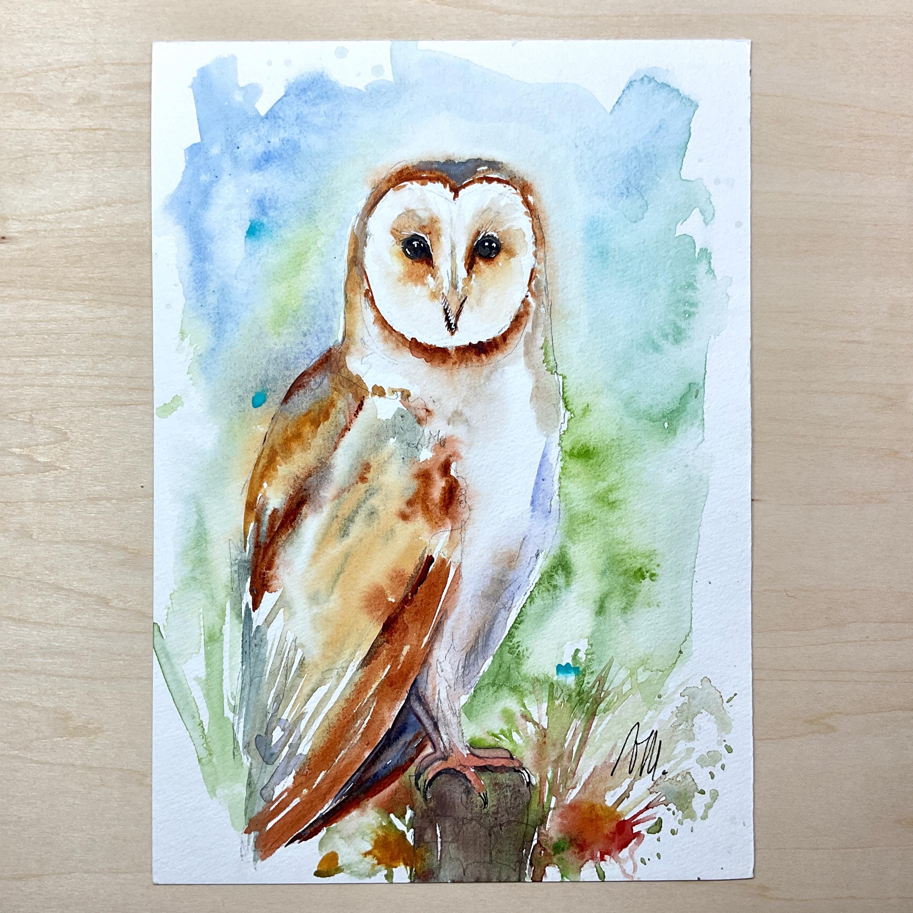 フクロウの水彩画、オリジナルのフクロウの絵画、フクロウの装飾