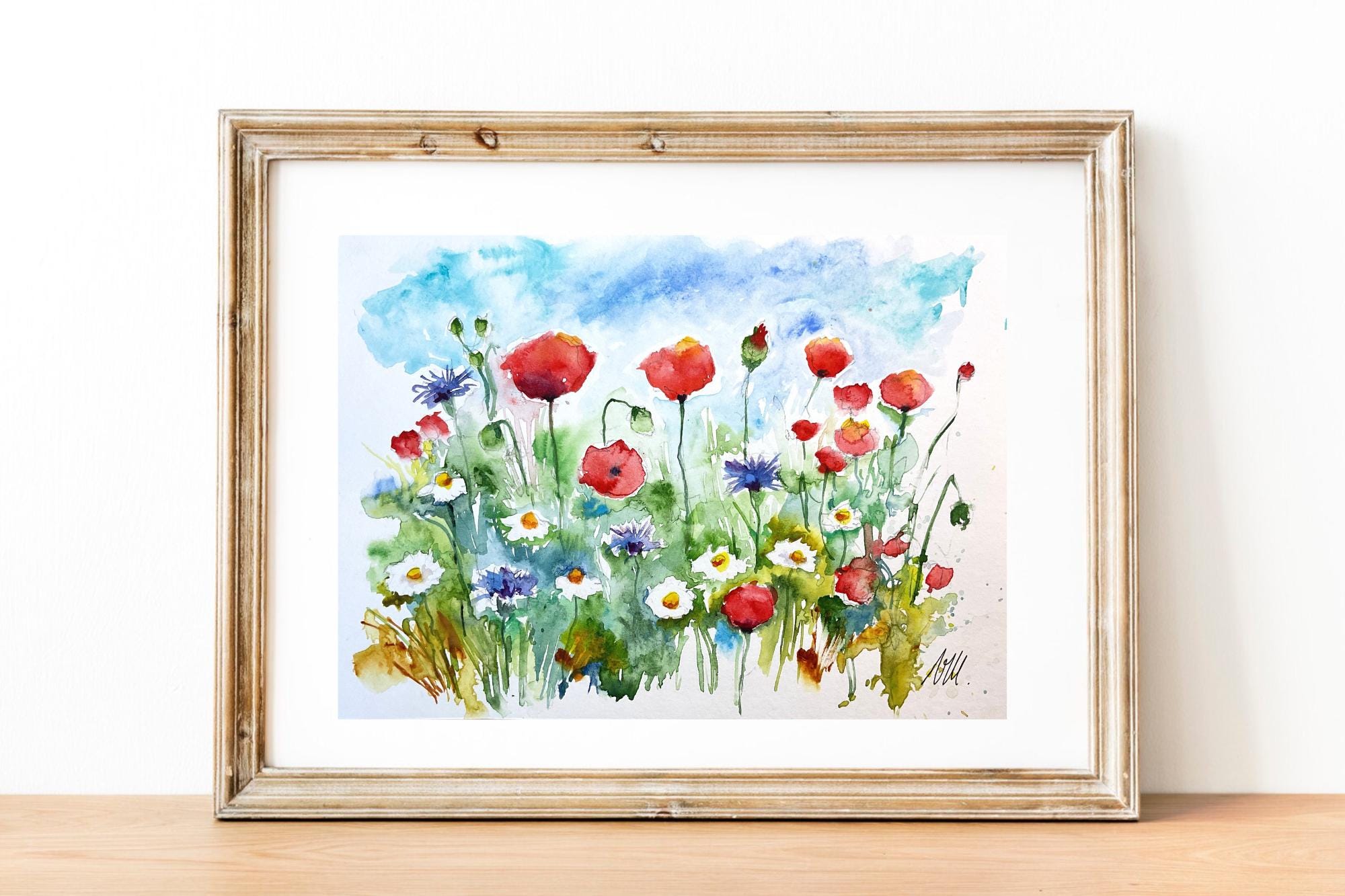 ポピーの水彩画、野原の赤いポピーの花のオリジナルアート、野生の花の