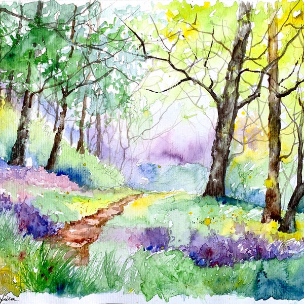 Peinture chemin en forêt verdoyante et fleurie, aquarelle originale d’un paysage de sous-bois au printemps, jacinthes et violettes des bois