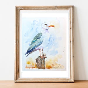 Un pájaro blanco en acuarela original, pintura de gaviota, art déco de temática marina, cartel de aves marinas, gaviota junto al mar