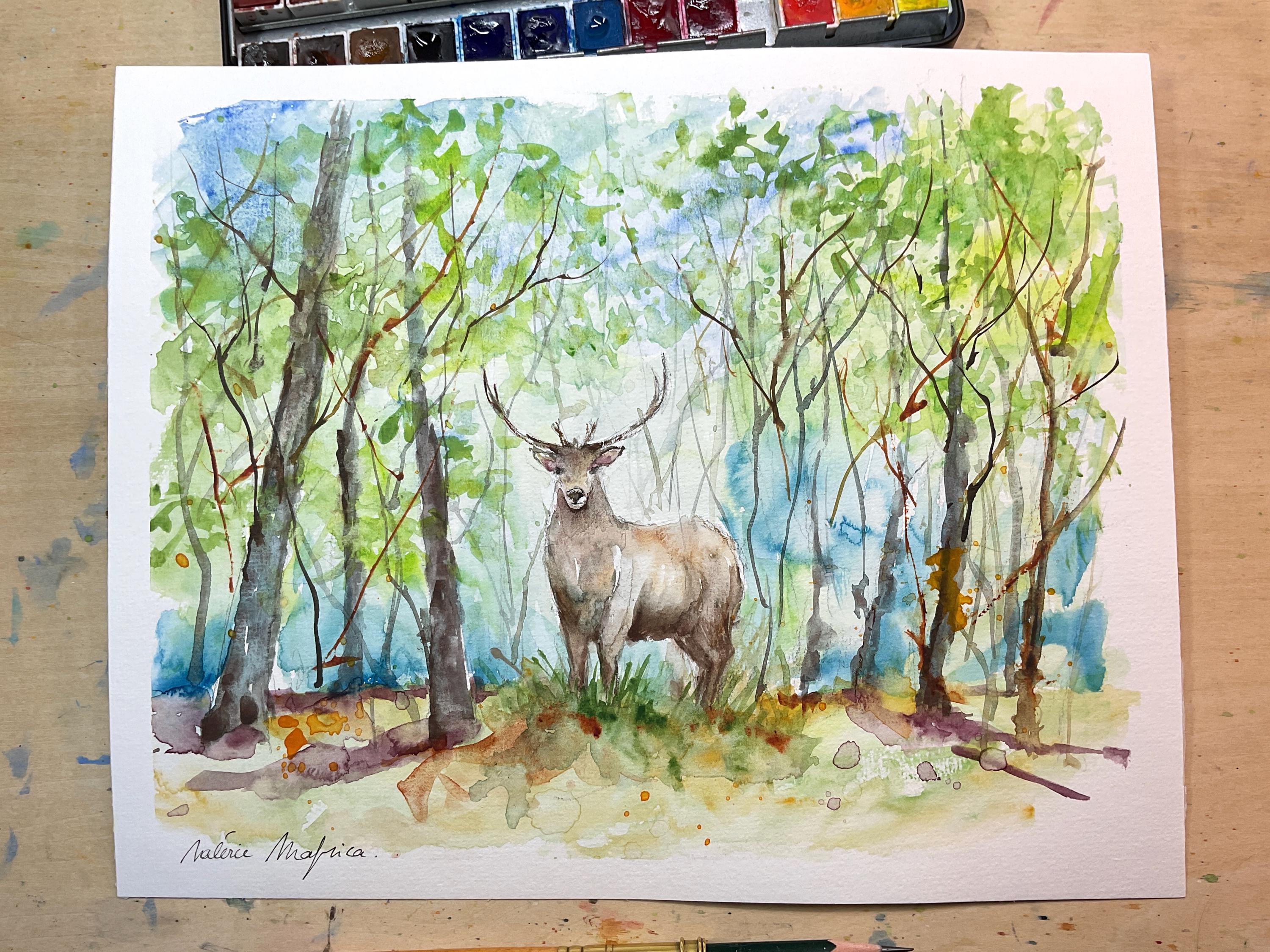 水彩画「鹿」 鹿の絵 オリジナルアート 野生動物のアートワーク 水彩画 鹿の