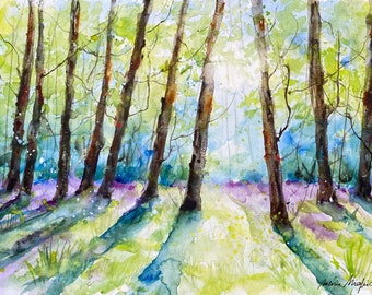 Peinture originale de forêt lumineuse au printemps, aquarelle authentique d’arbres et de feuillages à contre jour, scène printanière nature