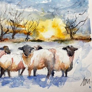 Peinture aquarelle de moutons, paysage de troupeau dans la campagne, peinture originale de moutons dans les prés au couchant, art mural image 4