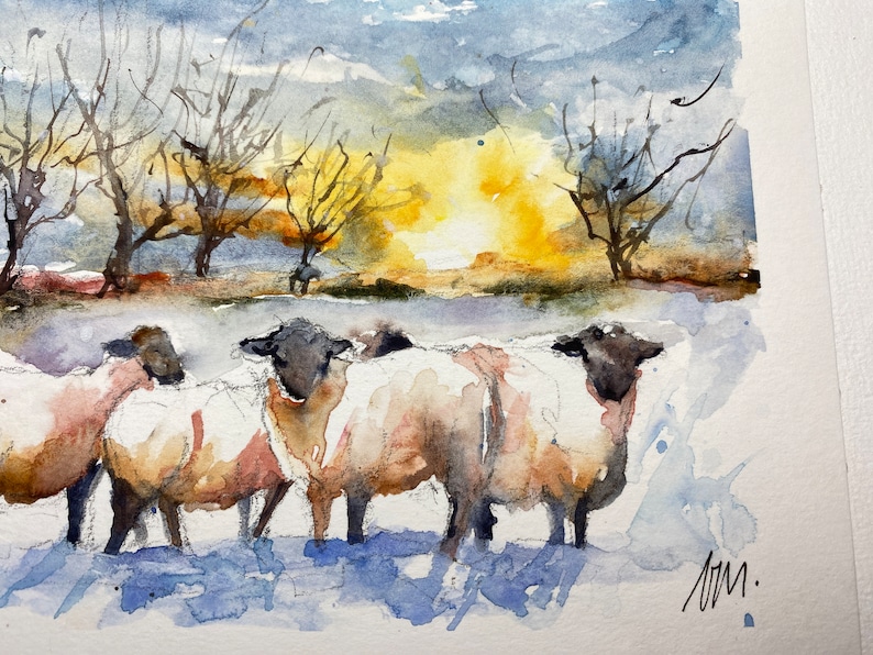 Peinture aquarelle de moutons, paysage de troupeau dans la campagne, peinture originale de moutons dans les prés au couchant, art mural image 4