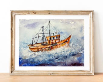 外洋に浮かぶカラフルな漁船の絵画、漁船の水彩画、海の風景、海