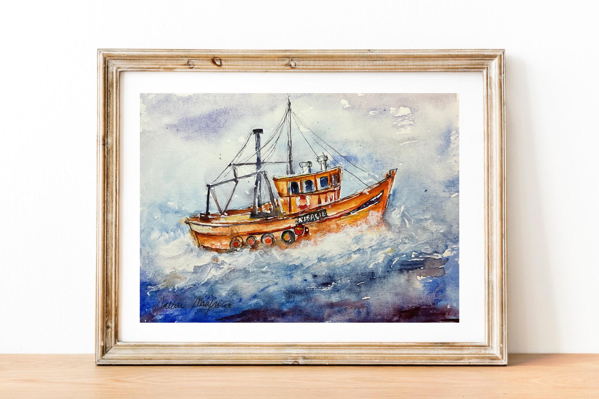 外洋に浮かぶカラフルな漁船の絵画、漁船の水彩画、海の風景、海