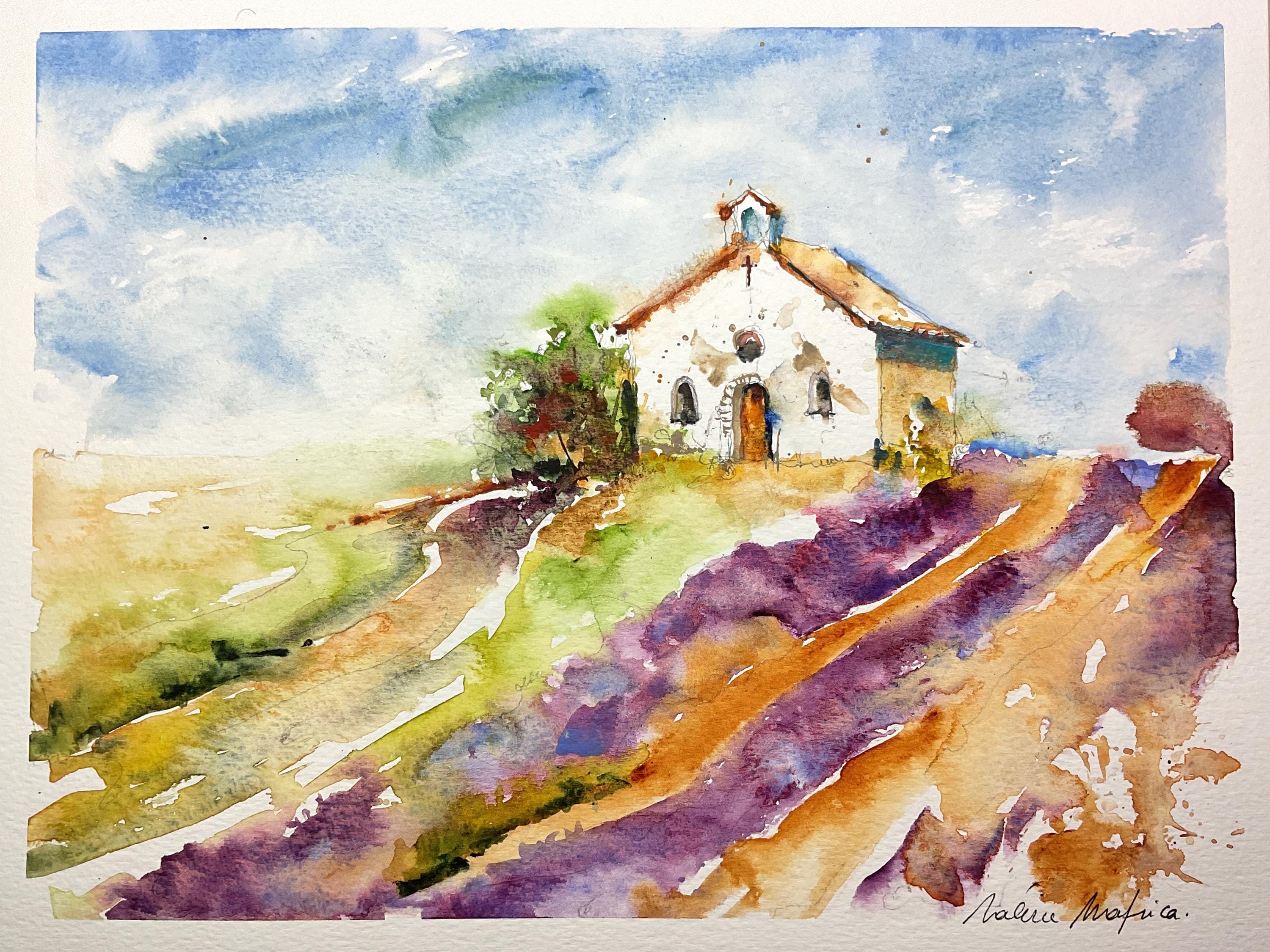 ラベンダー畑の水彩画、プロヴァンスの風景画（原画）、田舎の夏の藤色 