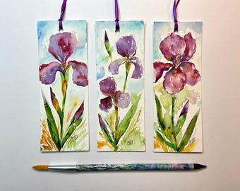 Purple Iris Hand Painted Bookmark, Iris Flower Painting on Bookmark, Gift Idea for Mother&#39;s Day or Reader, Iris Watercolor painting