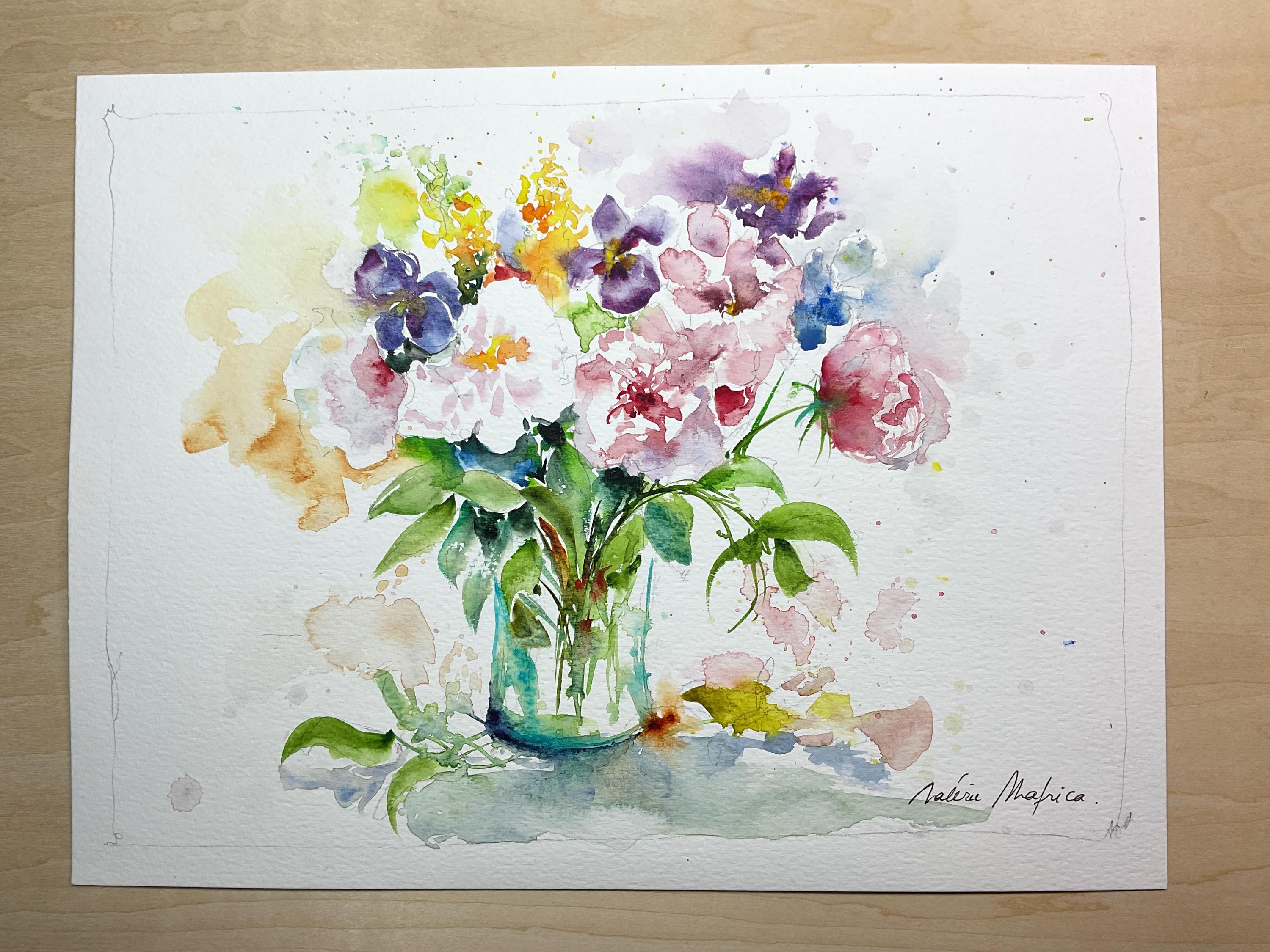 花束の中のアイリスとシャクヤクの水彩画、花瓶の中の庭の花の絵、装飾