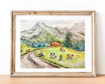 夏の山のオリジナル水彩画、山の風景画、アルプスの水彩画、アラヴィス