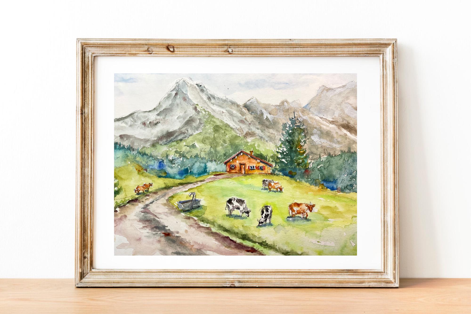 y*e様 風景画 水彩画 山と小屋 y*e様 風景画