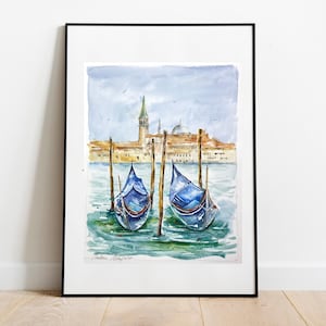 Original watercolor of Venice, two gondolas on the Grand Canal with a view of the island of San Giorgio Maggiore – Unique artwork painting
