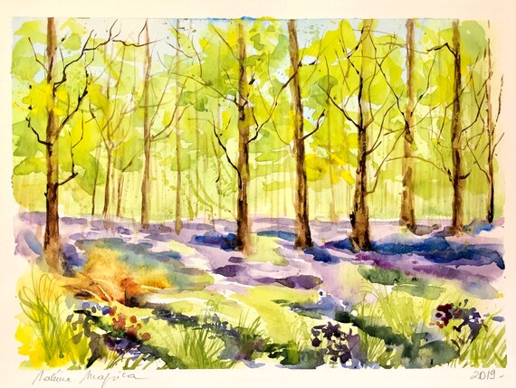 Watercolor original painting Forest in spring bluebells | Etsy