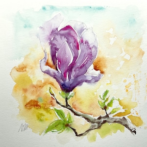 Original watercolor painting of magnolia flower, unique art spring flower in soft tender pink, romantic and poetic gift of a magnolia floral