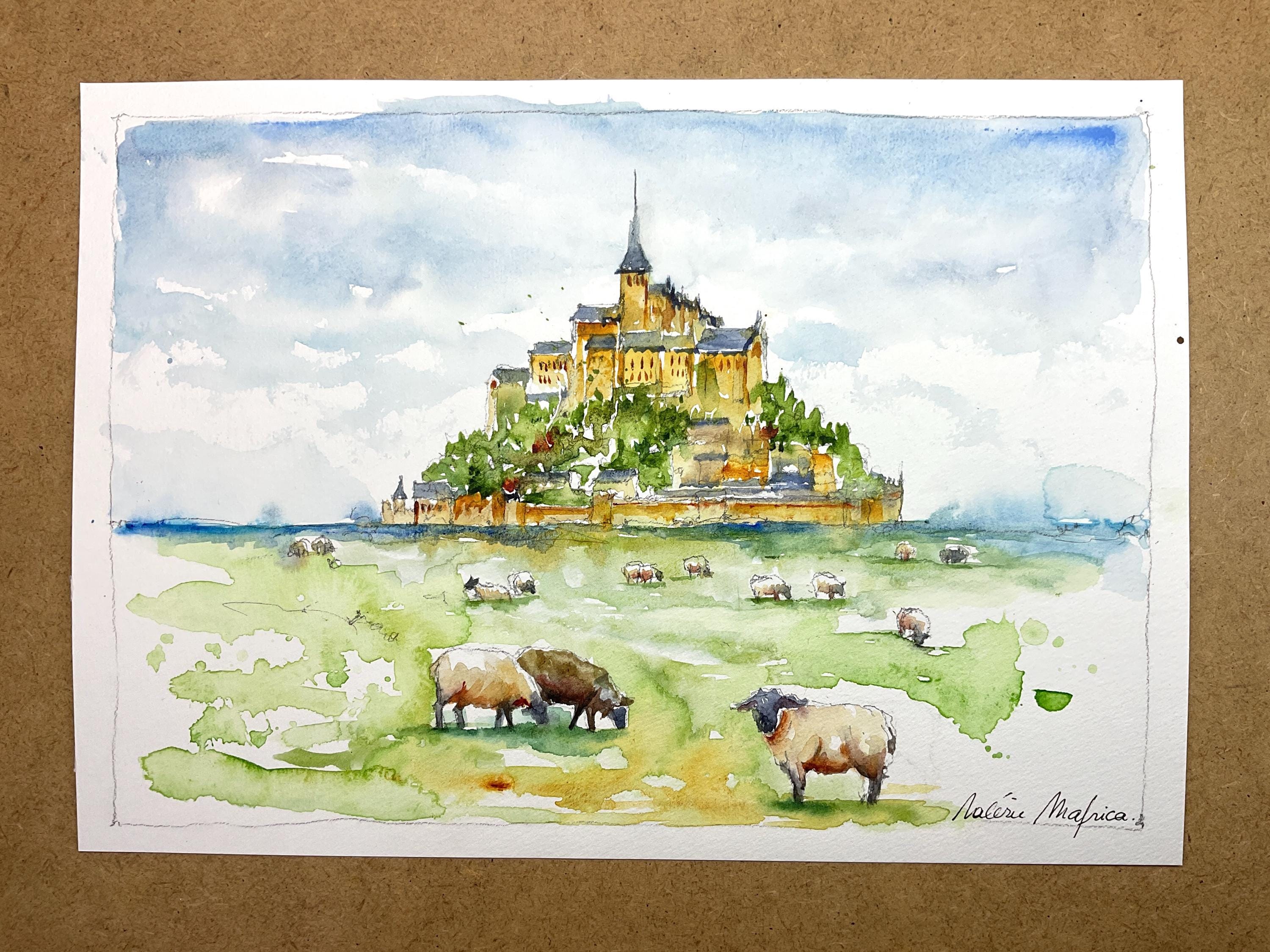 水彩画　モンサンミッシェル　風景画　美術　インテリア　修道院　世界遺産の絵 モンサンミッシェル」 by HOZUMI｜Artmeter｜暮らしを彩るアート