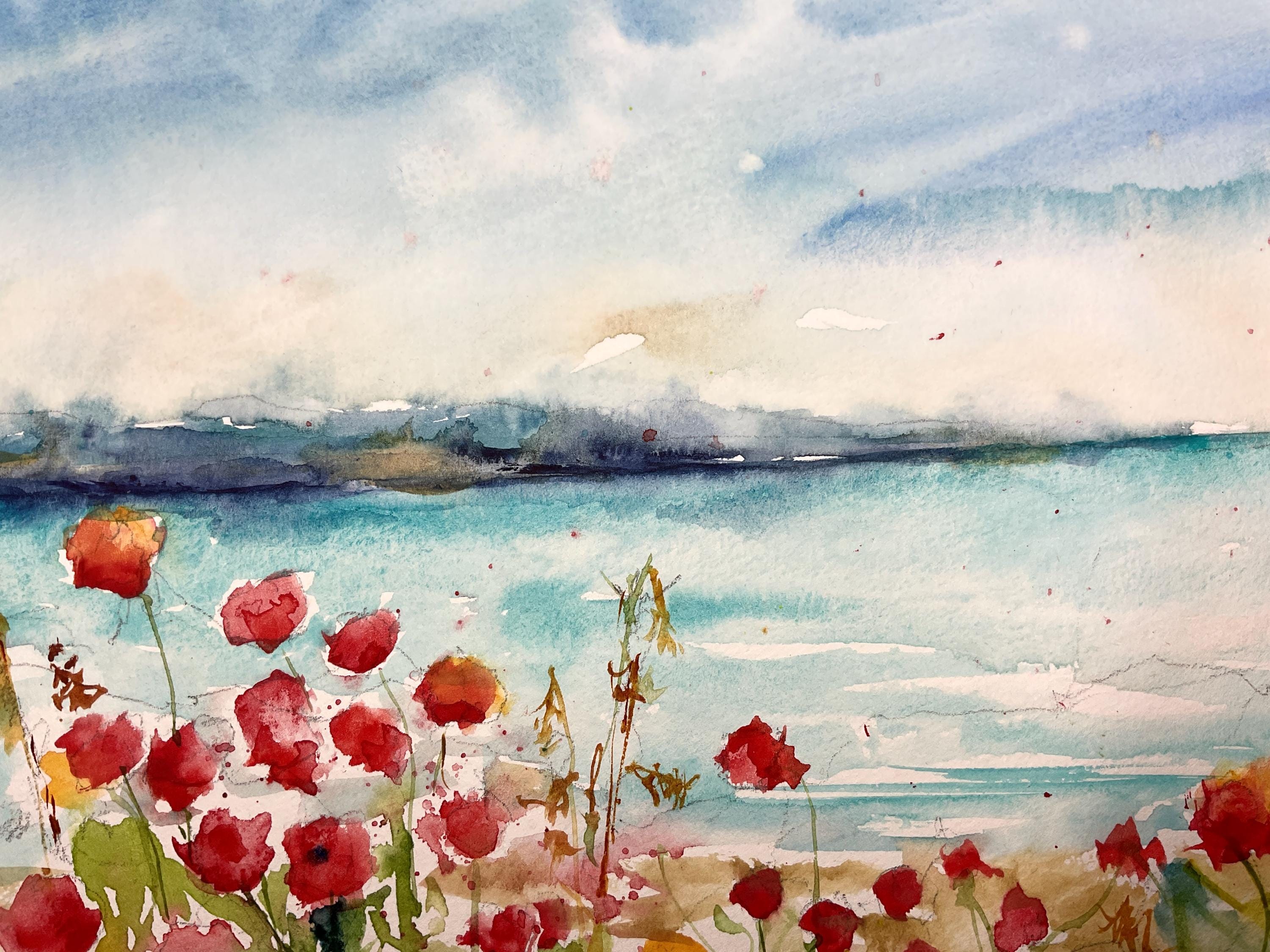 海辺に咲く赤いポピーを描いたオリジナルの水彩画。鮮やかな赤いポピー