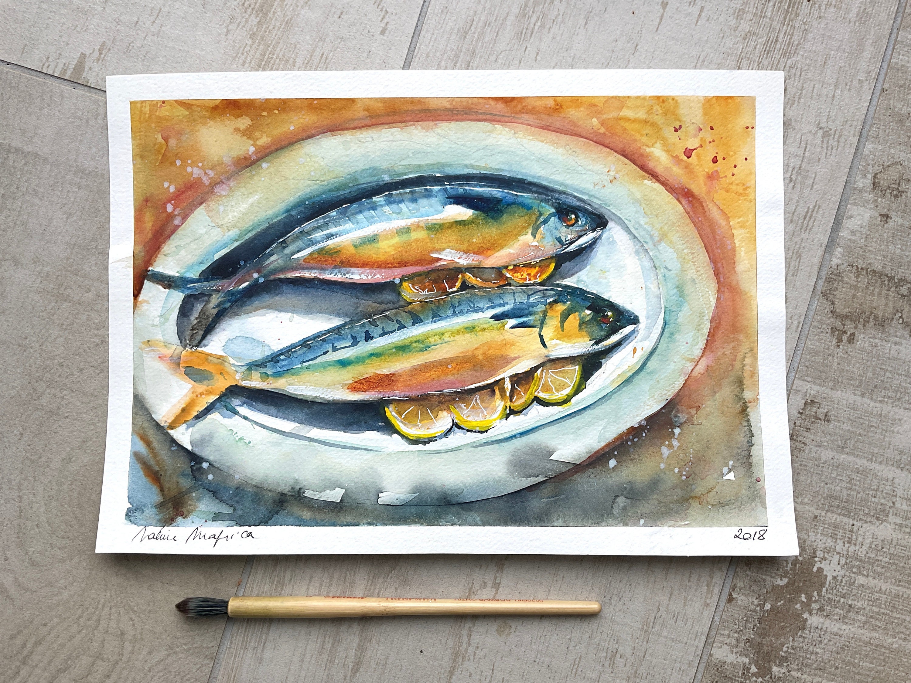 サバの魚のオリジナル水彩画、キッチンの静物画の装飾、料理用の魚の