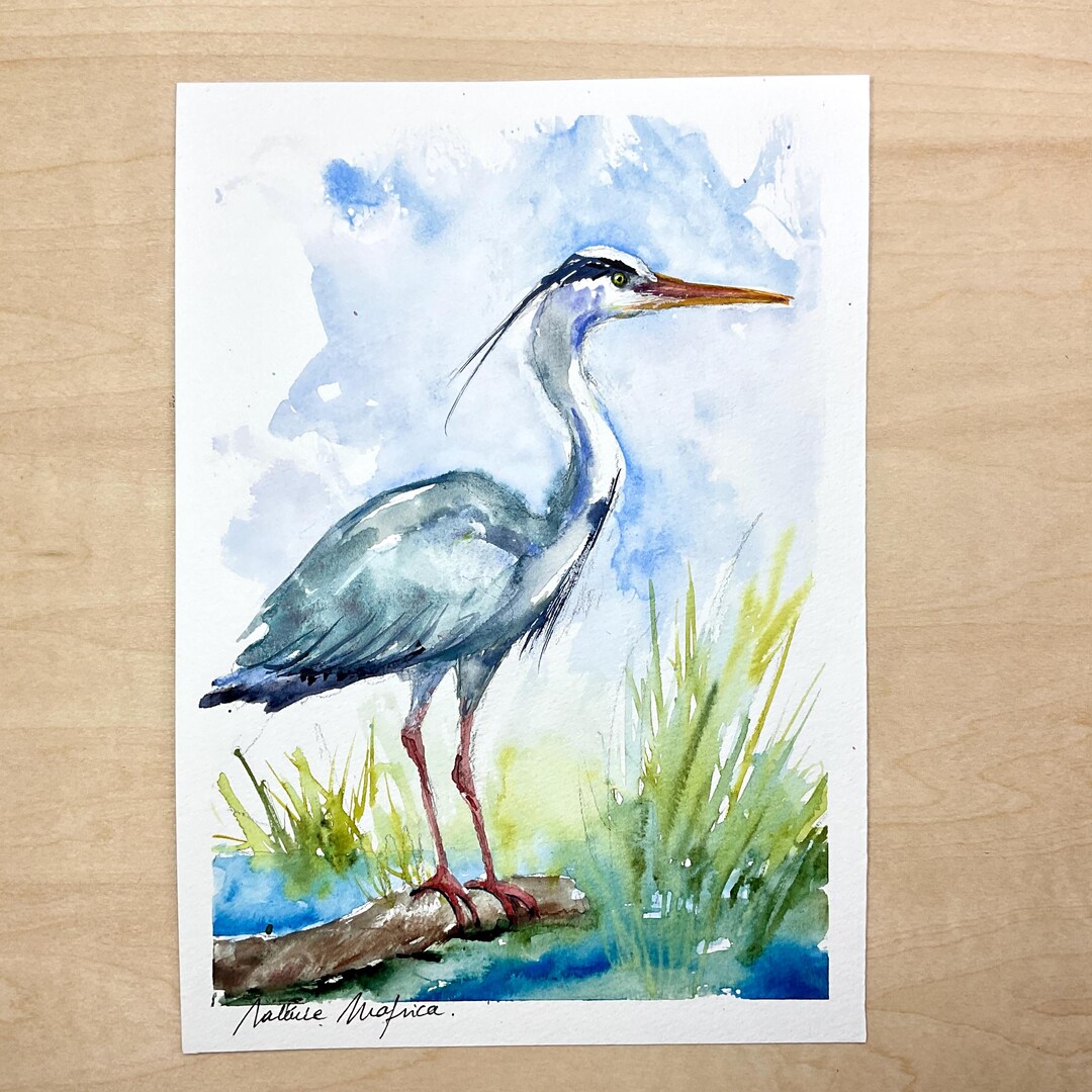 アオサギの絵画、アオサギのオリジナル水彩画、沼地や池の水鳥の絵画
