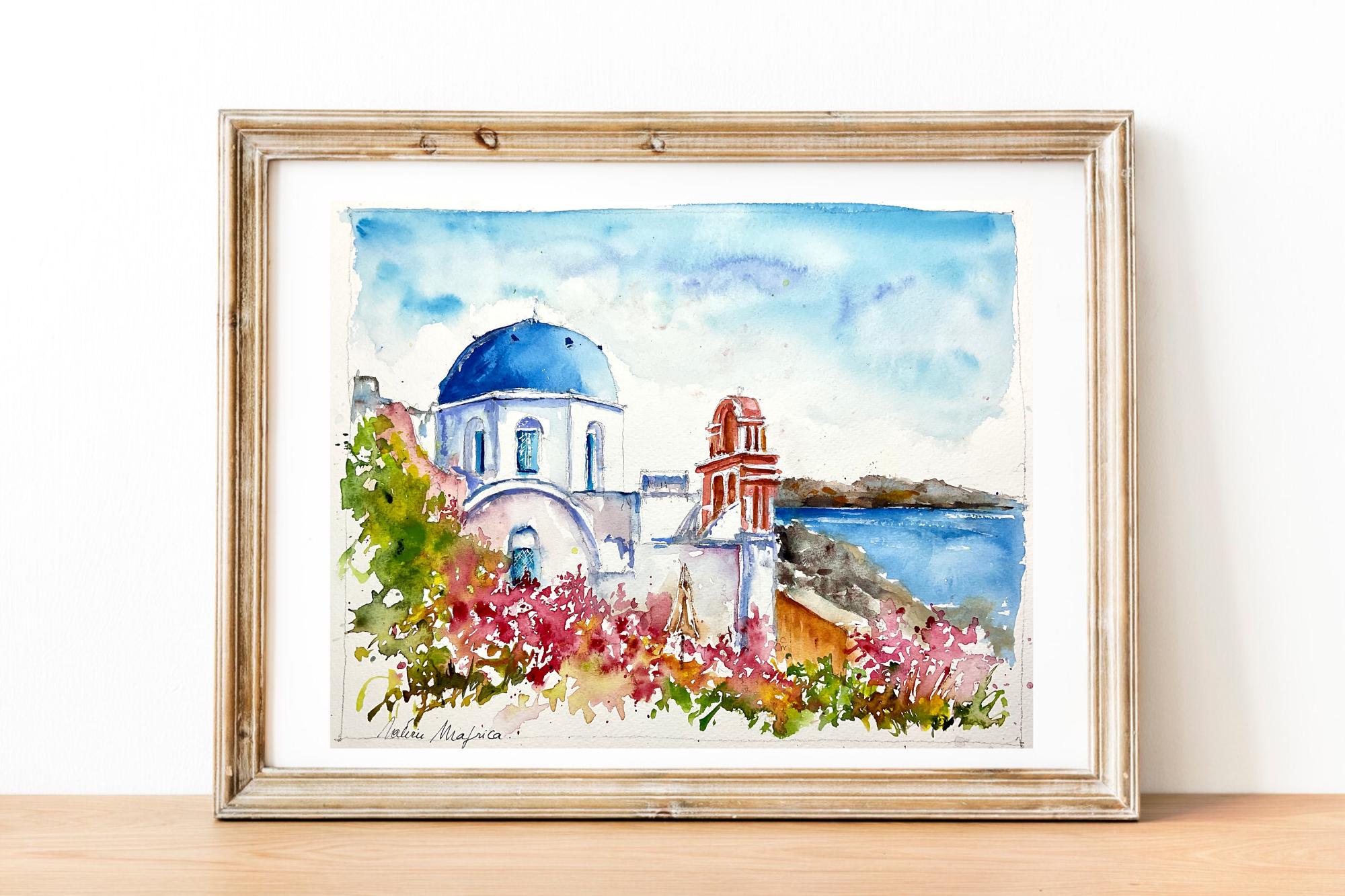 ギリシャのサントリーニ島の典型的な風景画。青いドームを描いた