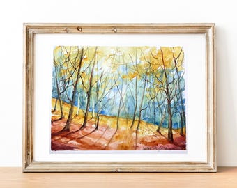 市場の風景 水彩画 オリジナルの水彩画の森の絵画、下草の風景、木と自然の絵画、緑