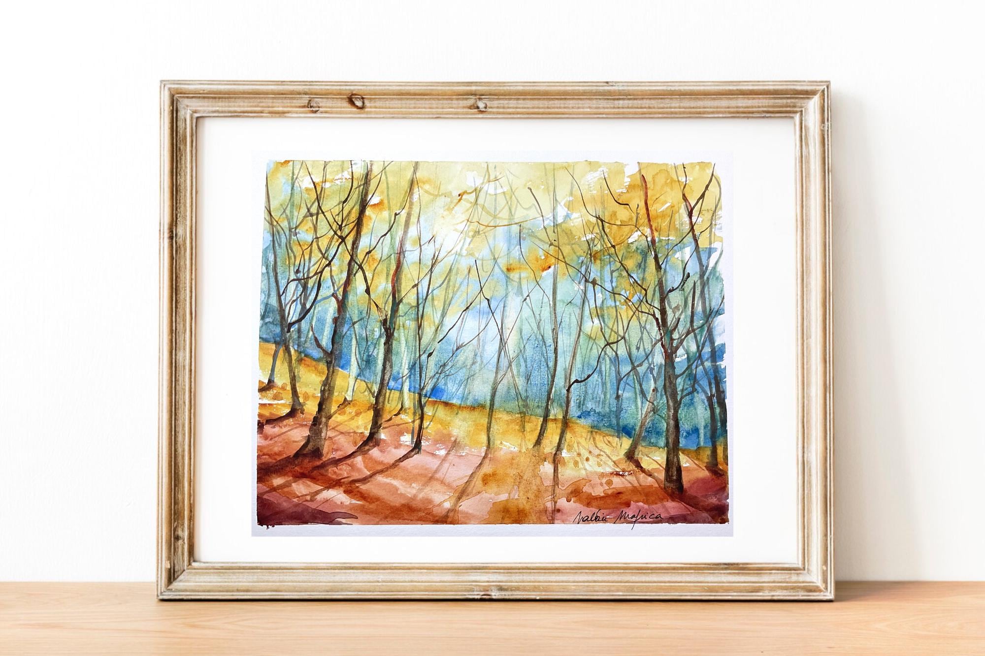 アンティーク　絵画　自然　山　木 Retro Nature Abstract Figure Art Print, Forest Landscape