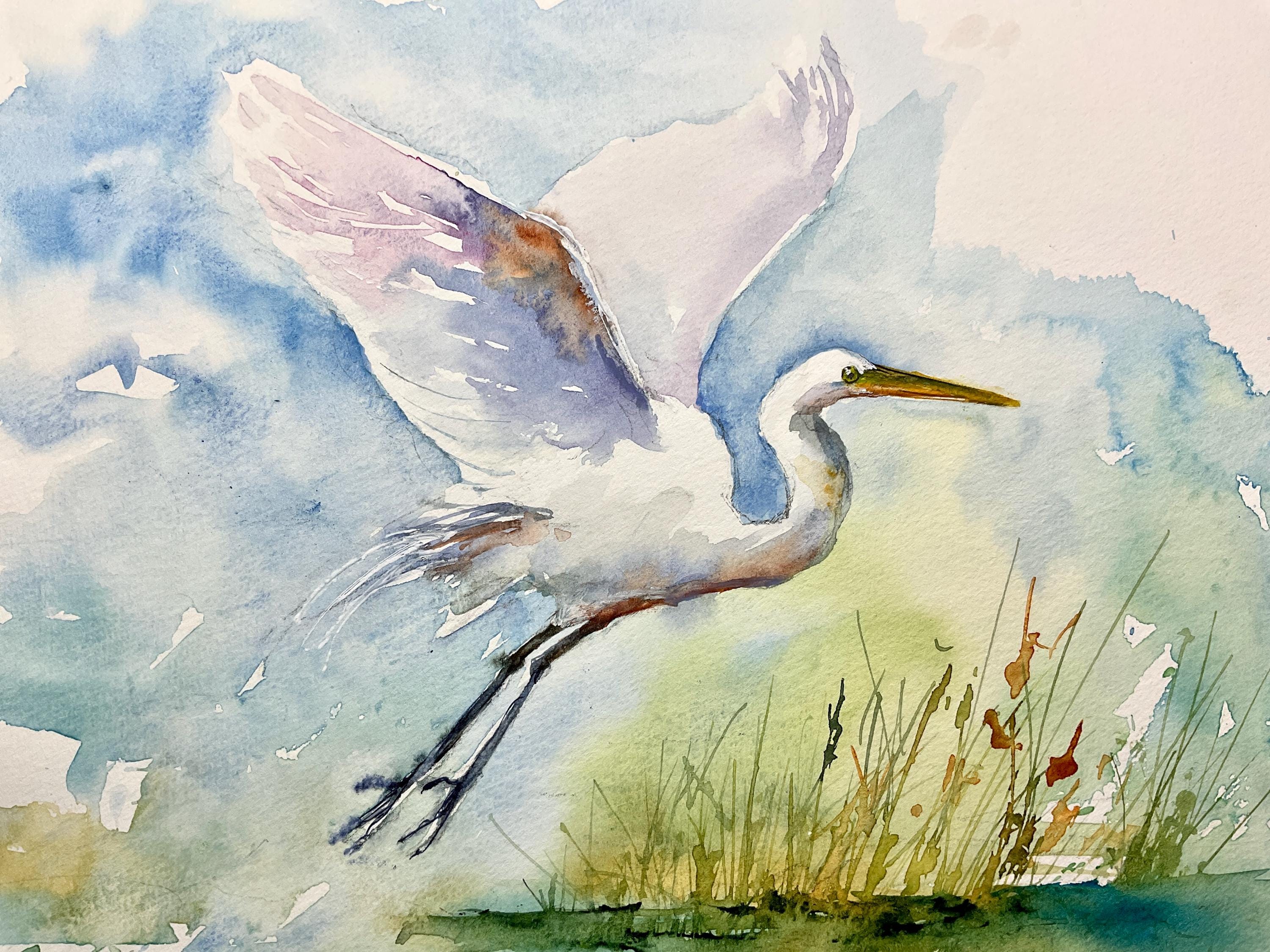 オリジナルの水彩画に描かれた白い白鷺、湖の上を飛ぶ雄大で優雅な白い