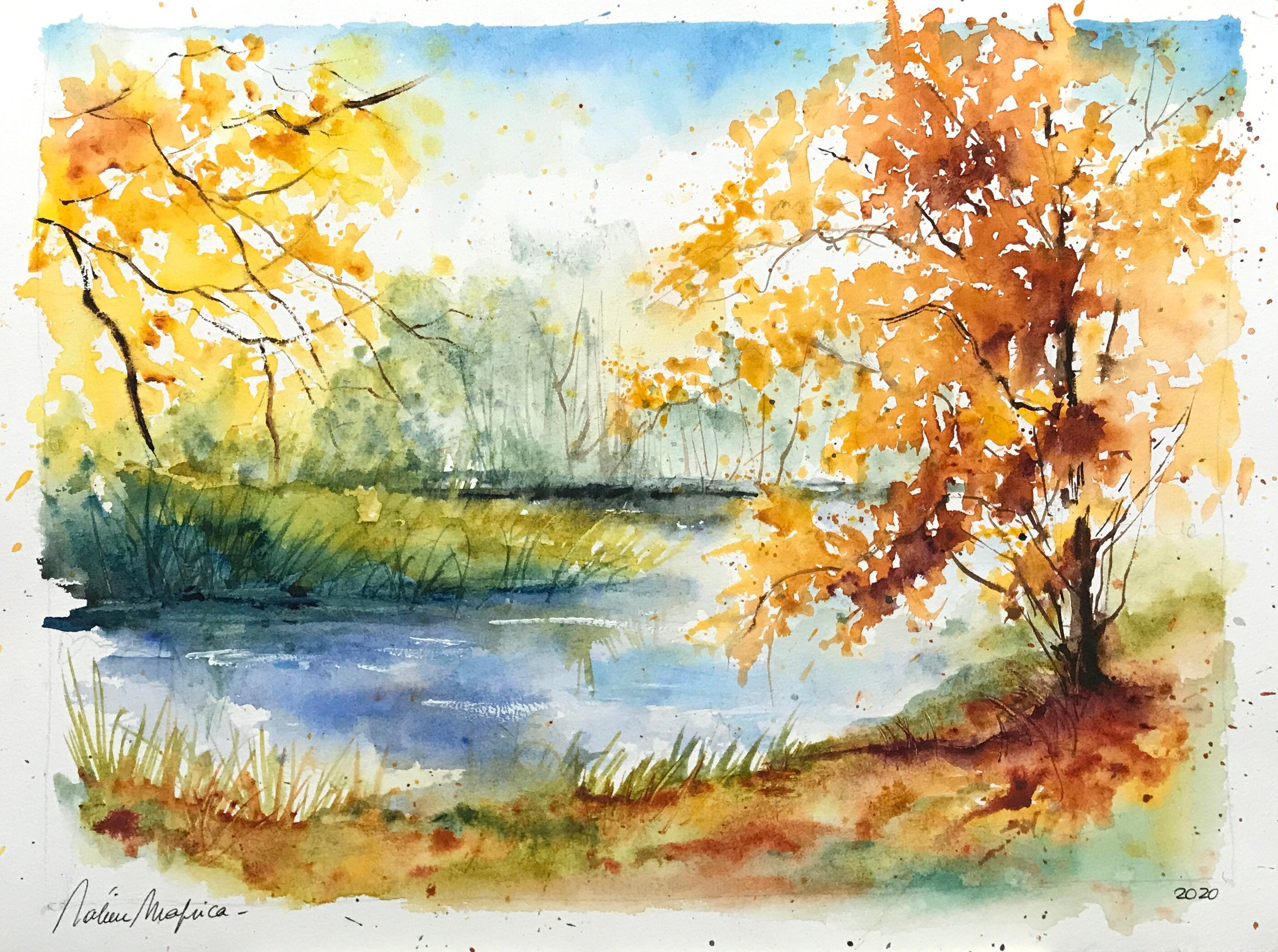 Paysage de lac en automne en peinture aquarelle originale