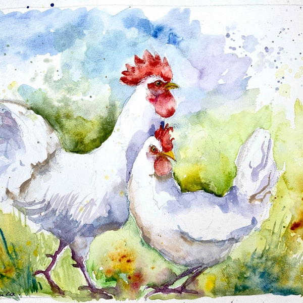 Peinture de poulet et coq, aquarelle originale d'un couple, tableau authentique de volailles de basse-cour, déco murale style campagnard