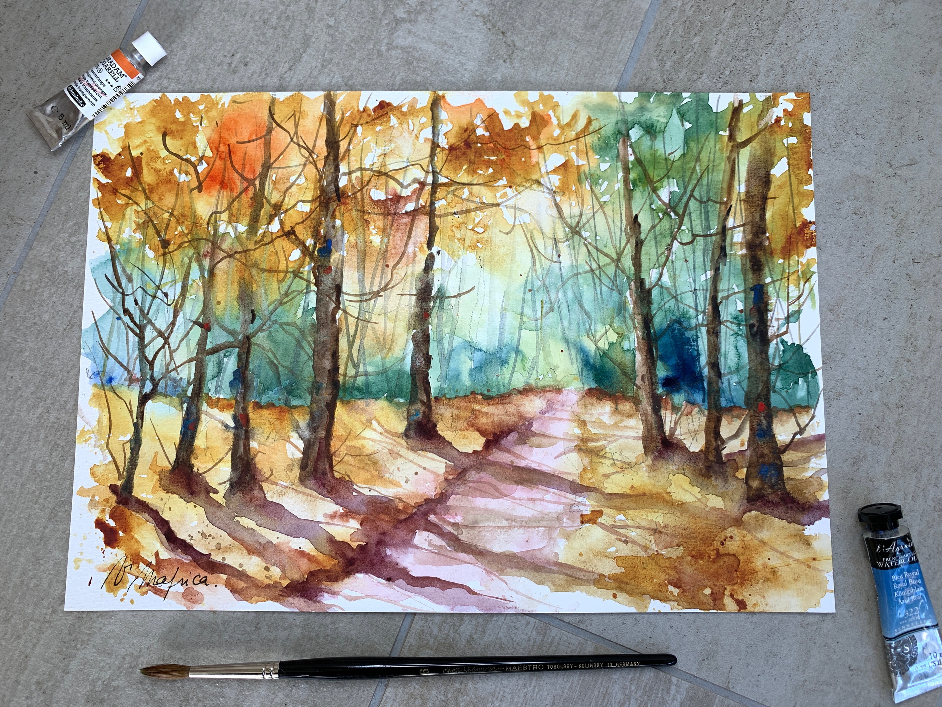 秋の森の風景画、森の小道のオリジナル水彩画、小春日和のカラフルな