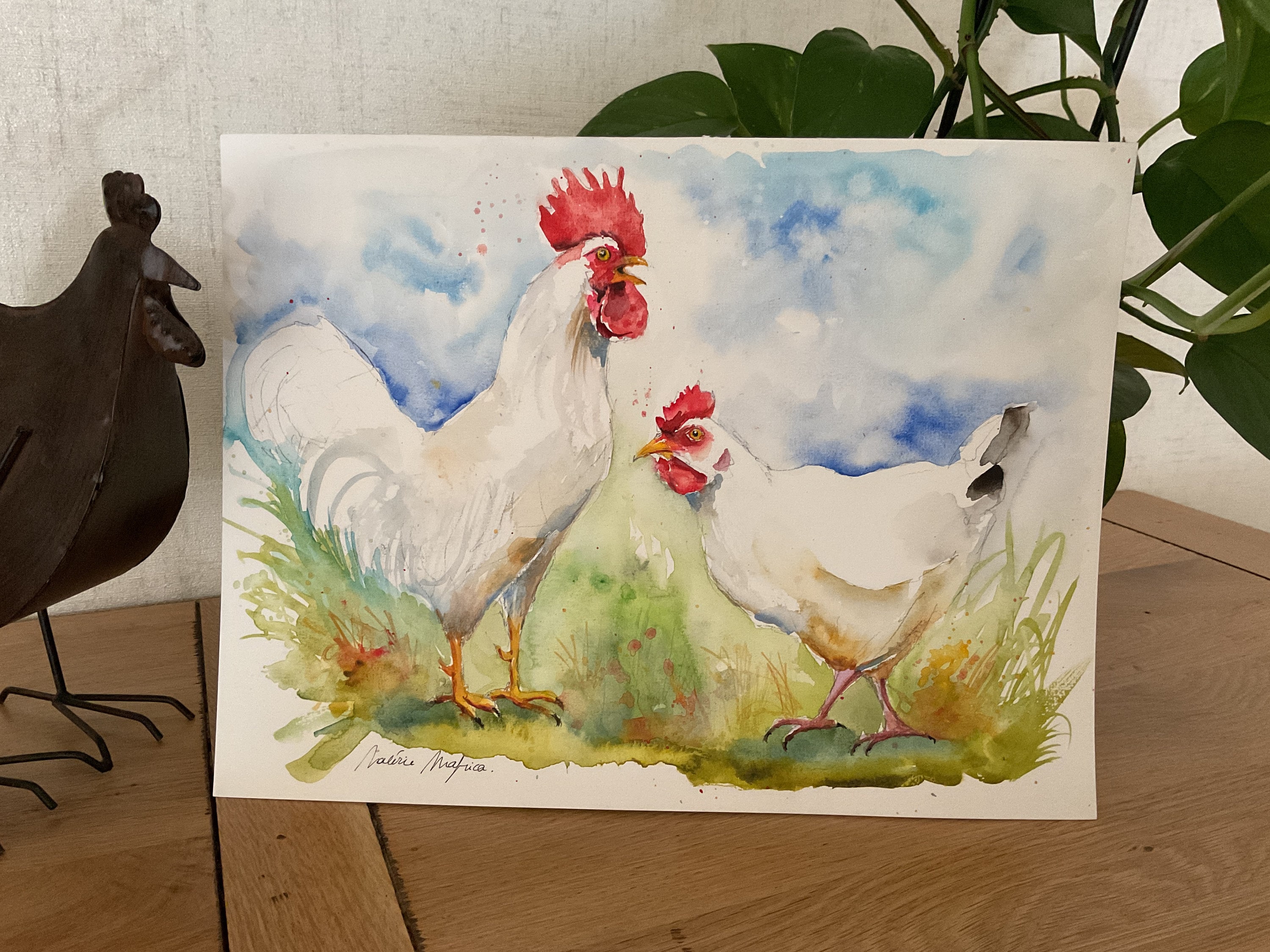 白い雌鶏と雄鶏の絵画、カップルのオリジナルの水彩画、農場の家禽の