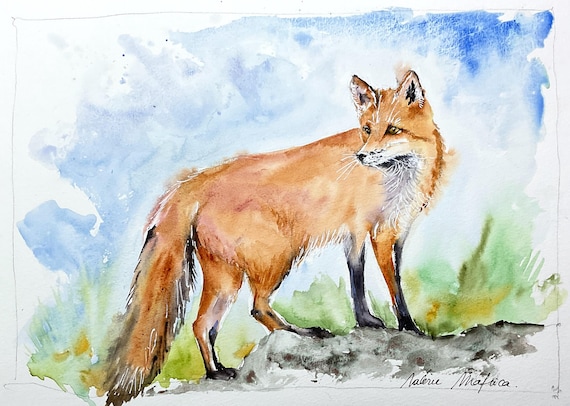キツネのオリジナル水彩画、野生の森の動物の肖像画、子供やキツネ愛好