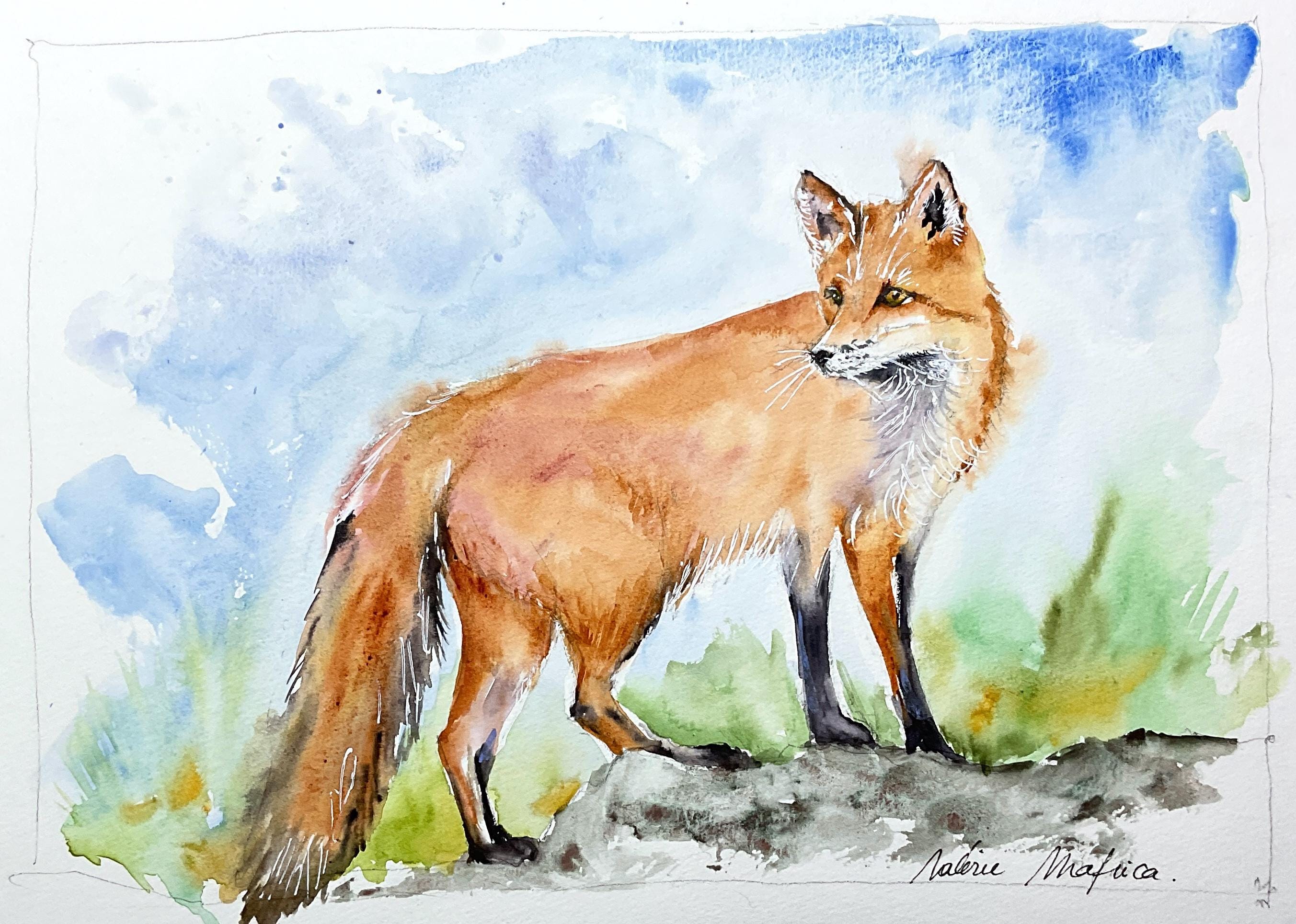 キツネのオリジナル水彩画、野生の森の動物の肖像画、子供やキツネ愛好