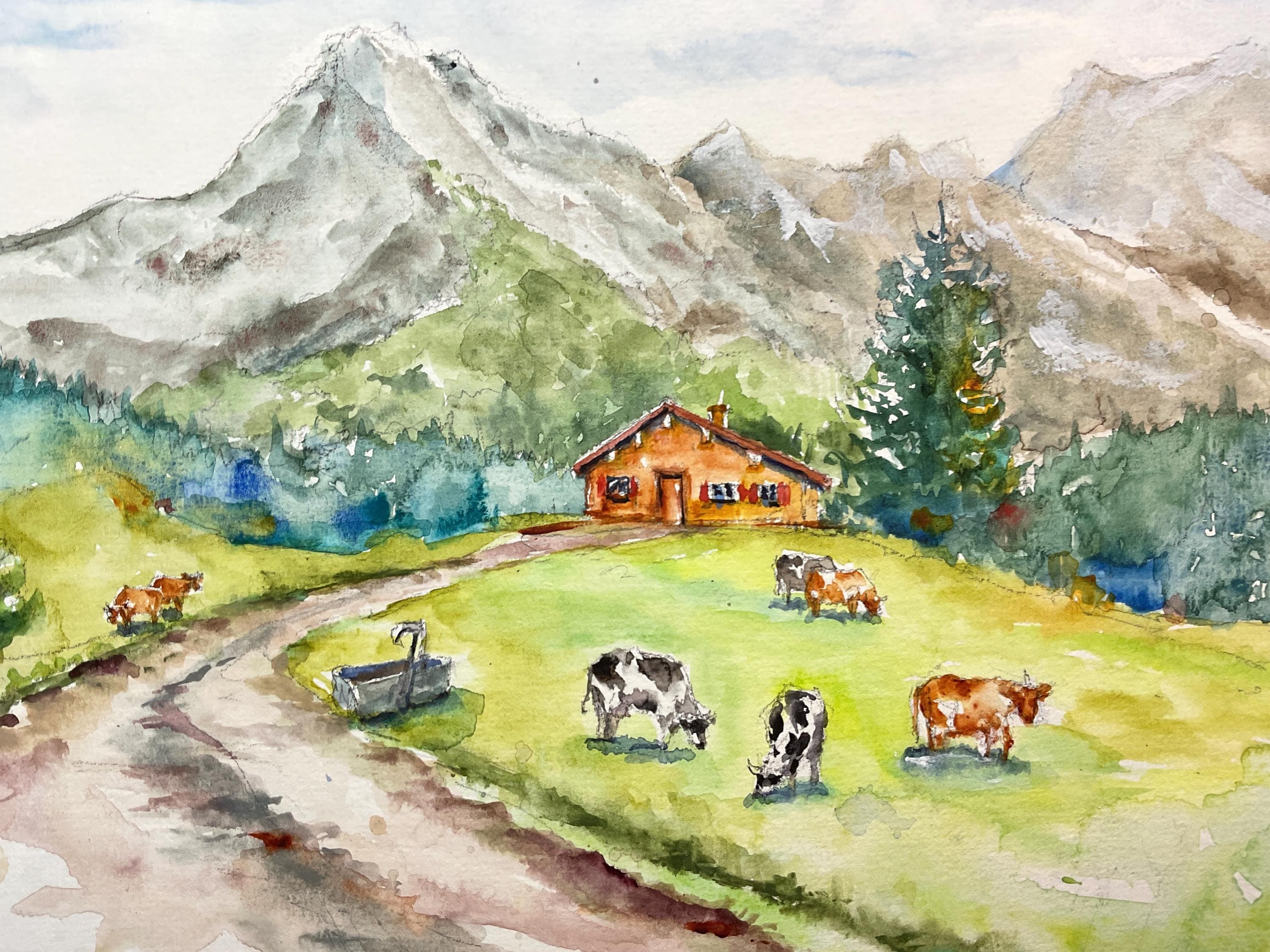 y*e様 風景画 水彩画 山と小屋 y*e様 風景画 水彩画 山と小屋 水彩画 山小屋ログハウスの風景