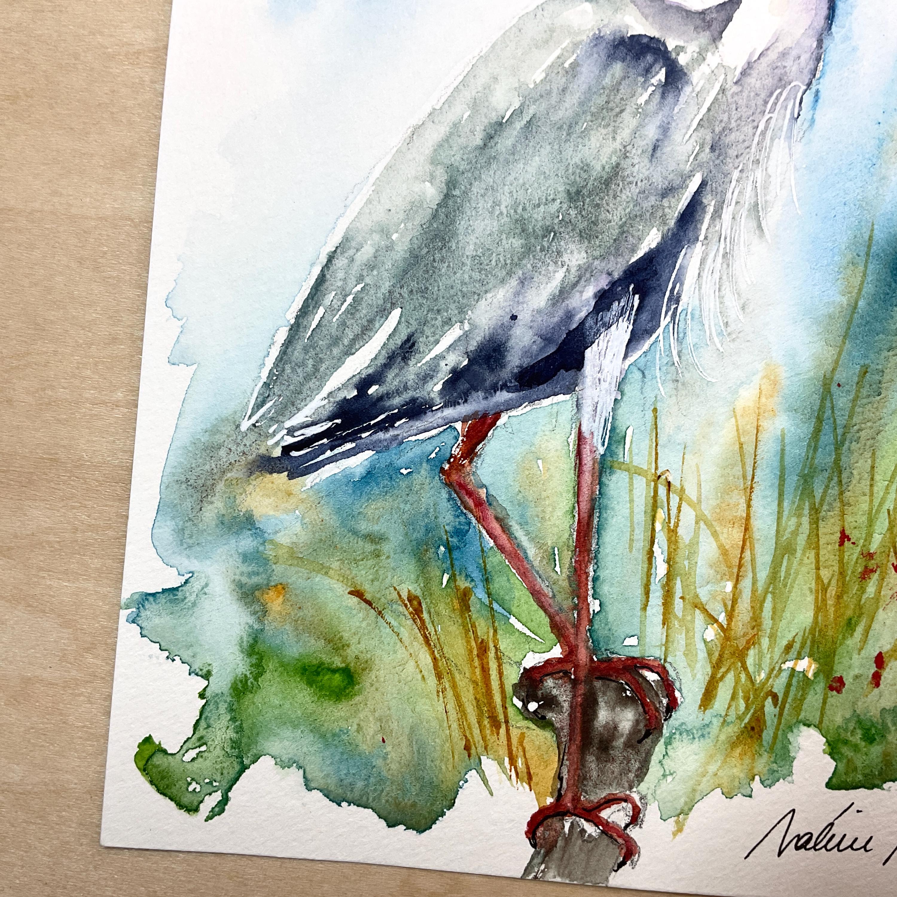 アオサギの絵画、アオサギのオリジナル水彩画、沼地や池の水鳥の絵画