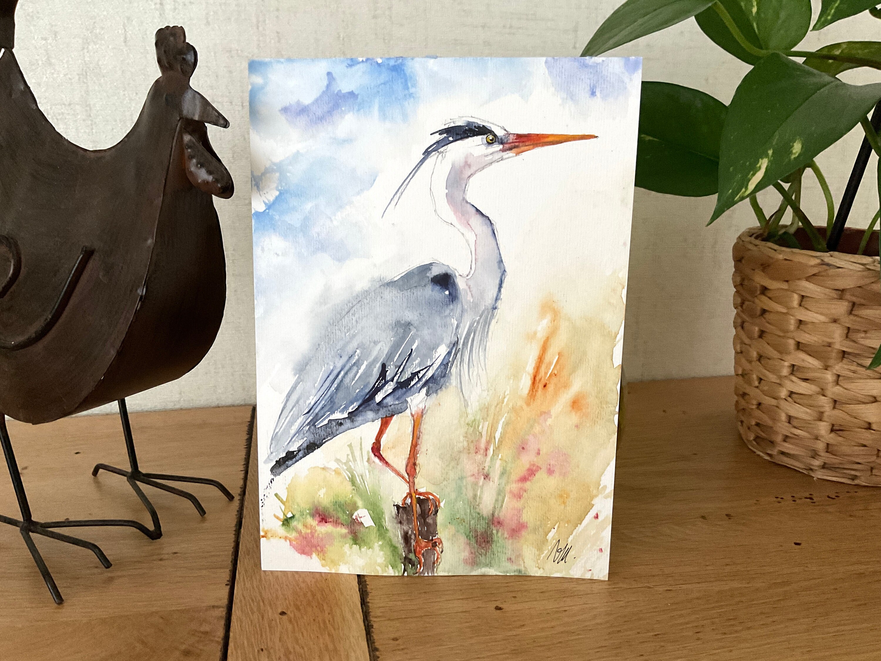 アオサギの絵、アオサギのオリジナル水彩画、沼地と池の渉禽類の