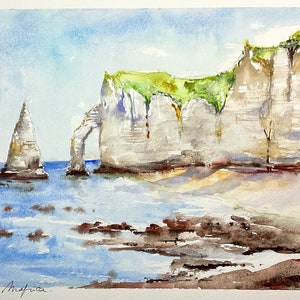 Paesaggio marino ad acquerello delle scogliere di ÉTRETAT, Amont Aval e Aiguille Creuse, paesaggio marino, dipinto della Normandia Seine Maritime Francia