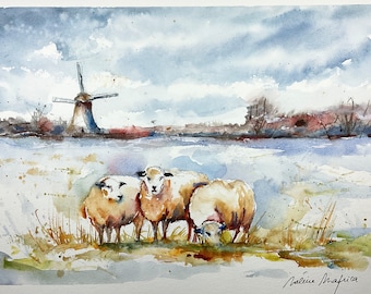 Watercolor original art painting of three sheep in the cold of winter, country under the snow painting and herd of sheep for home decoration