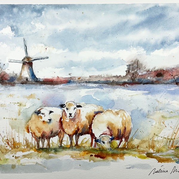 Aquarelle peinture originale de trois moutons dans le froid de l’hiver, tableau de campagne sous la neige et troupeau de moutons pour déco