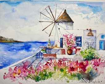 Windmill painting on Santorini in Greece, original watercolor of the village of Oia on an island in the Greek Cyclades in the Aegean Sea