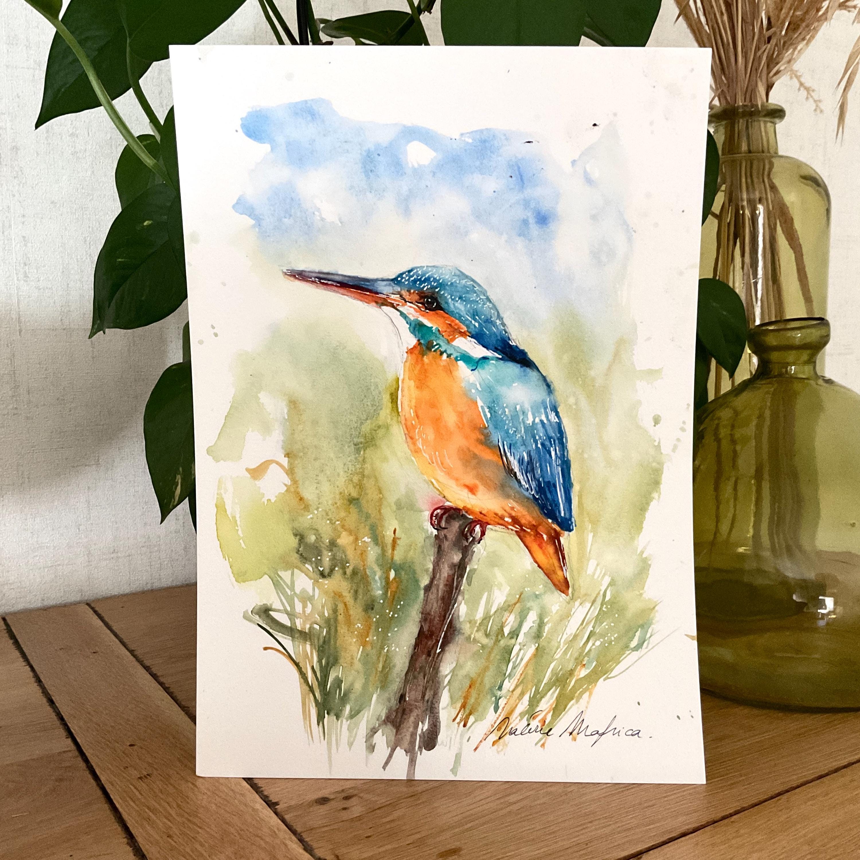 カワセミのオリジナル水彩画、鳥類学の壁画、池や森の美しい色鮮やかな