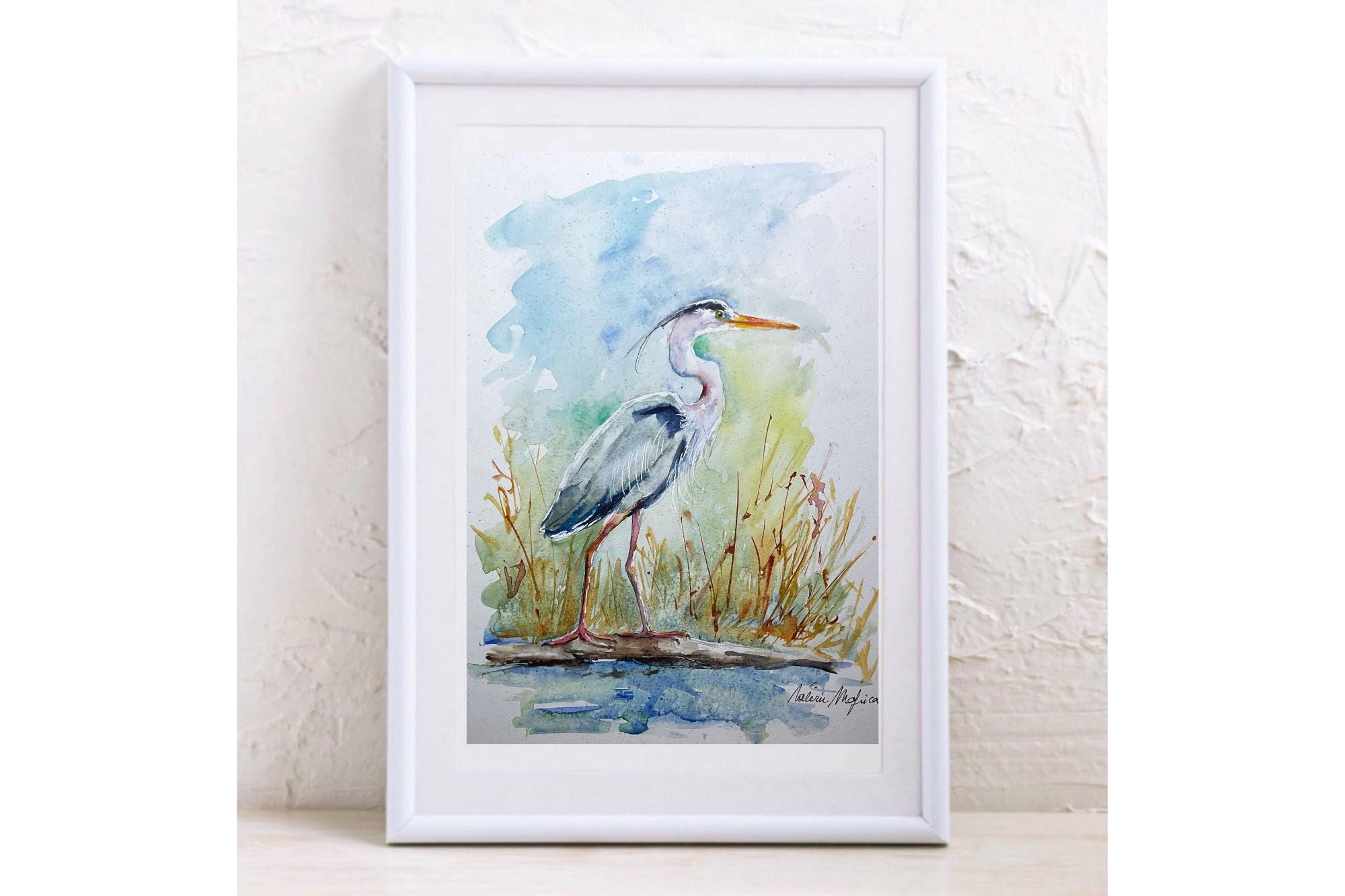 アオサギの絵画、アオサギのオリジナル水彩画、沼地や池の水鳥の絵画