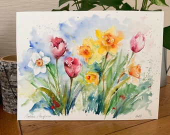 春の庭の水仙、ナルキッソス、チューリップのオリジナル水彩画