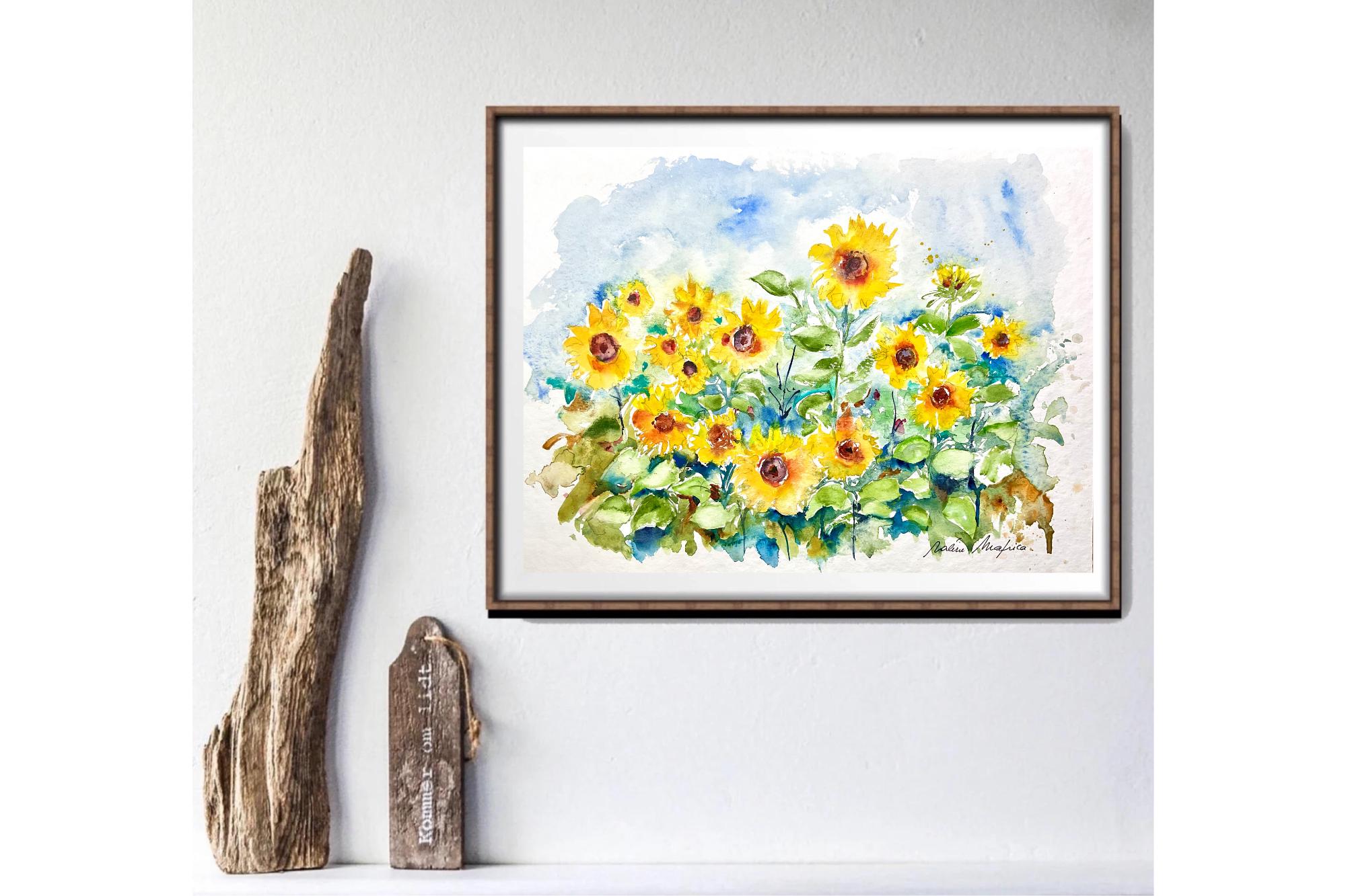 ひまわり畑の水彩画、ひまわりの原画、田舎の夏の花畑、典型的な