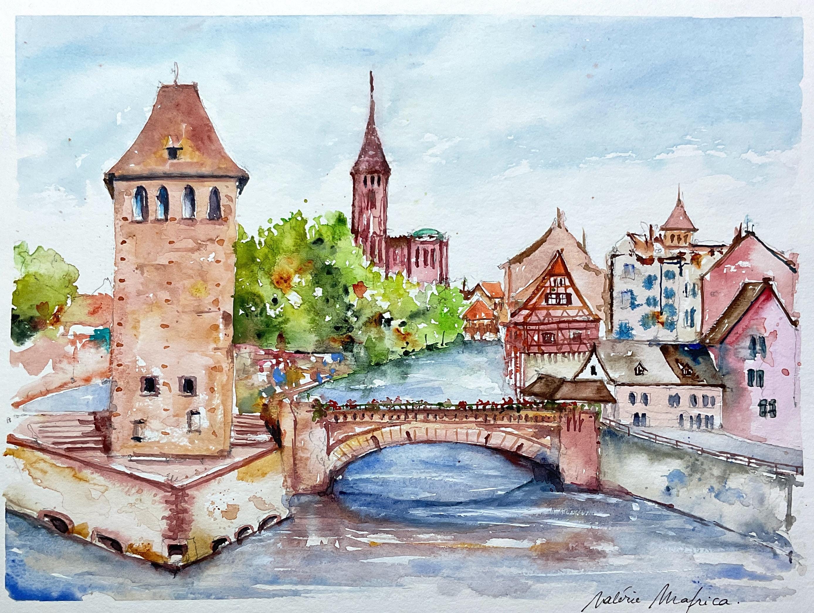 Painting of Strasbourg, Original Watercolor Painting of a View of