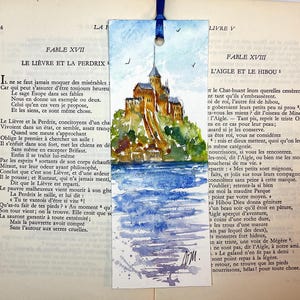 Marcador Mont Saint Michel en acuarela original, pintura del Mont Saint Michel, paisaje de Normandía, Abadía, bahía y prados salados